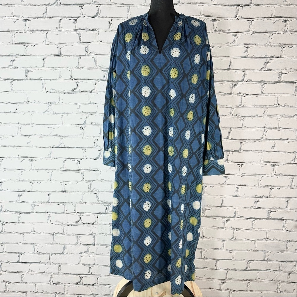 V De Vinster NWOT Karma Midi Dress Blue Beaded 100% Cotton Large Lagenlook - Picture 2 of 10